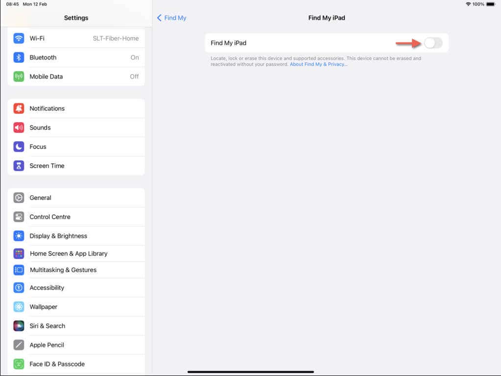 تم تمييز مفتاح التبديل "Find My iPad" في إعدادات iPad.