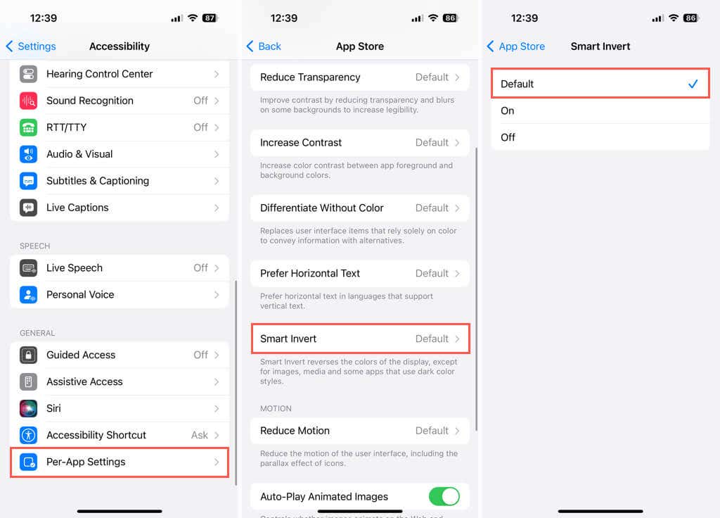 إعدادات لكل تطبيق لتطبيق تعيين افتراضي لـ Smart Invert