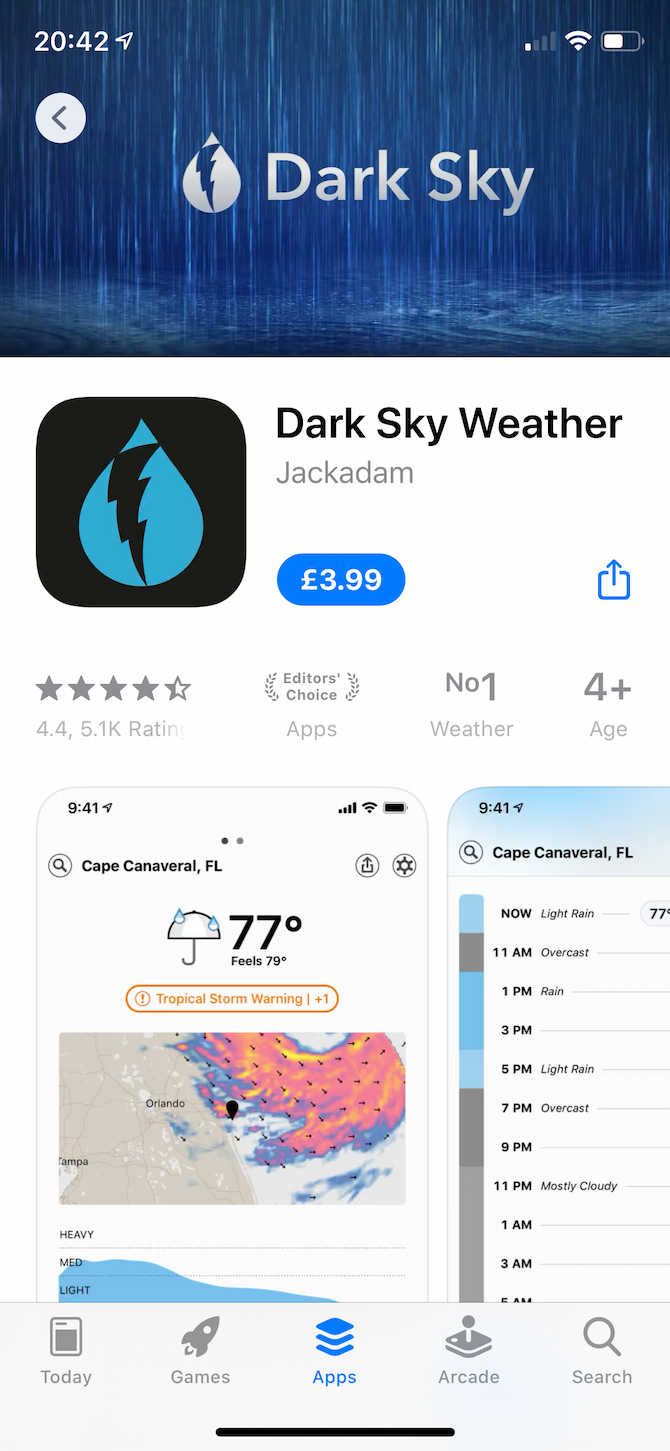 تطبيق Dark Sky App Gifting على نظام iOS