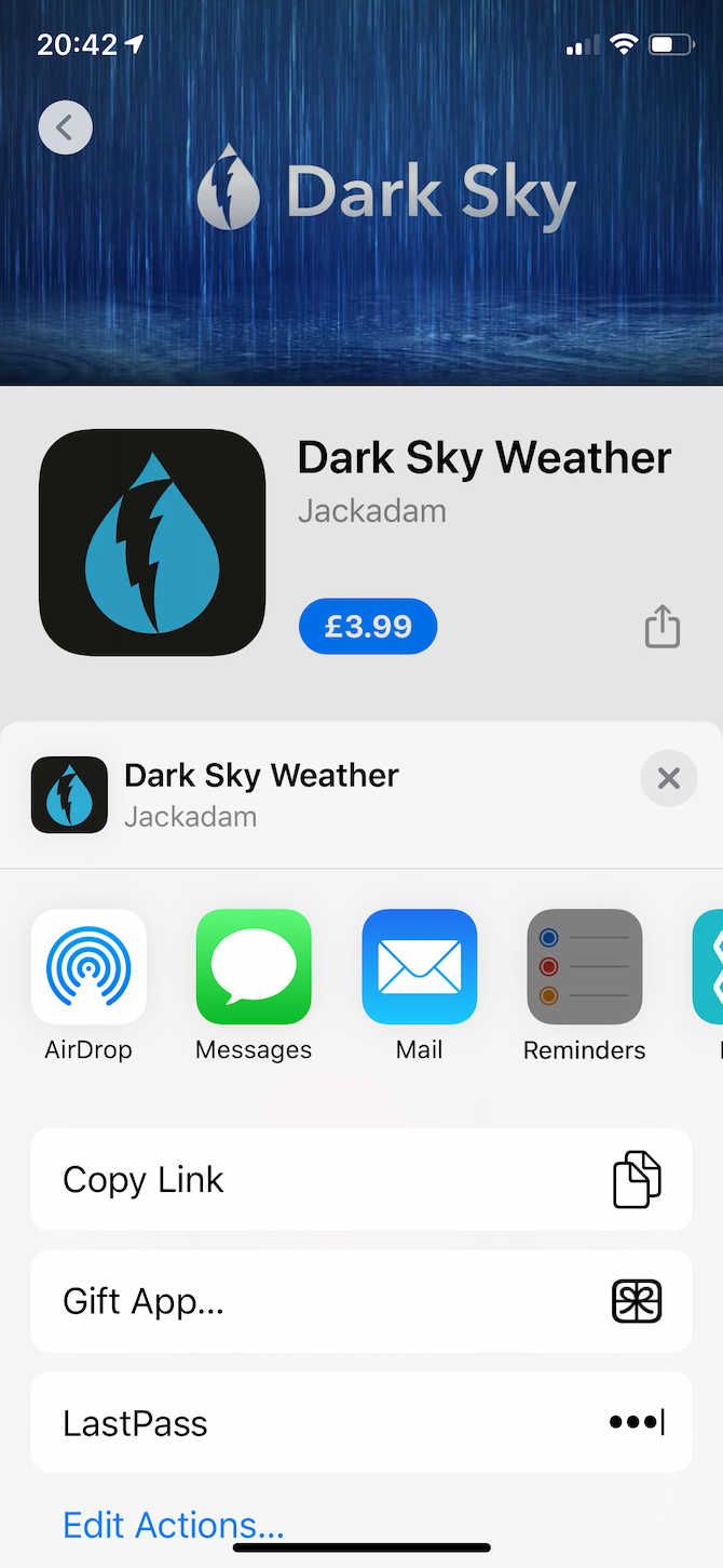 تطبيق Dark Sky App Gifting على قائمة مشاركة iOS