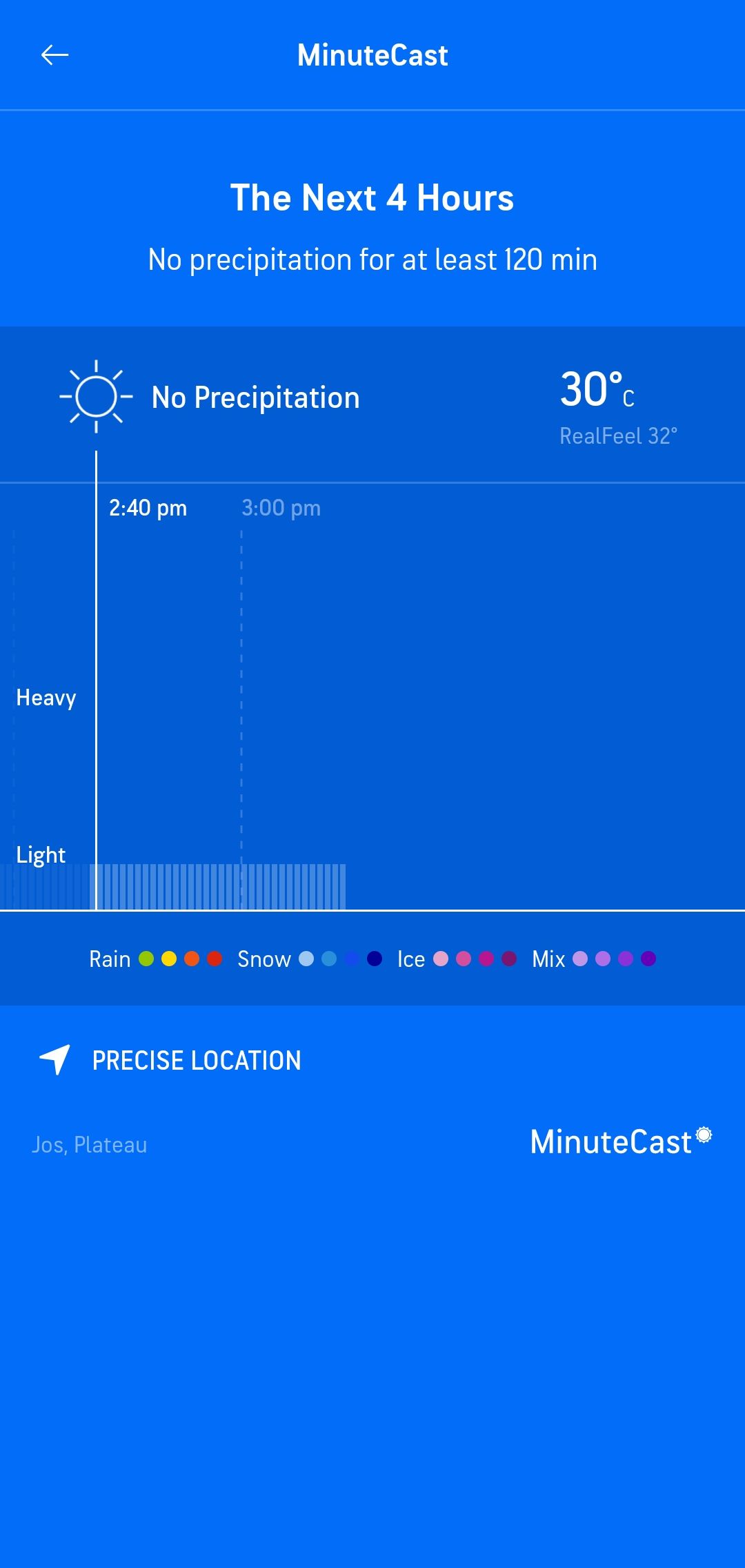 ميزة AccuWeather MinuteCast لا تظهر أي أمطار لمدة 120 دقيقة القادمة.