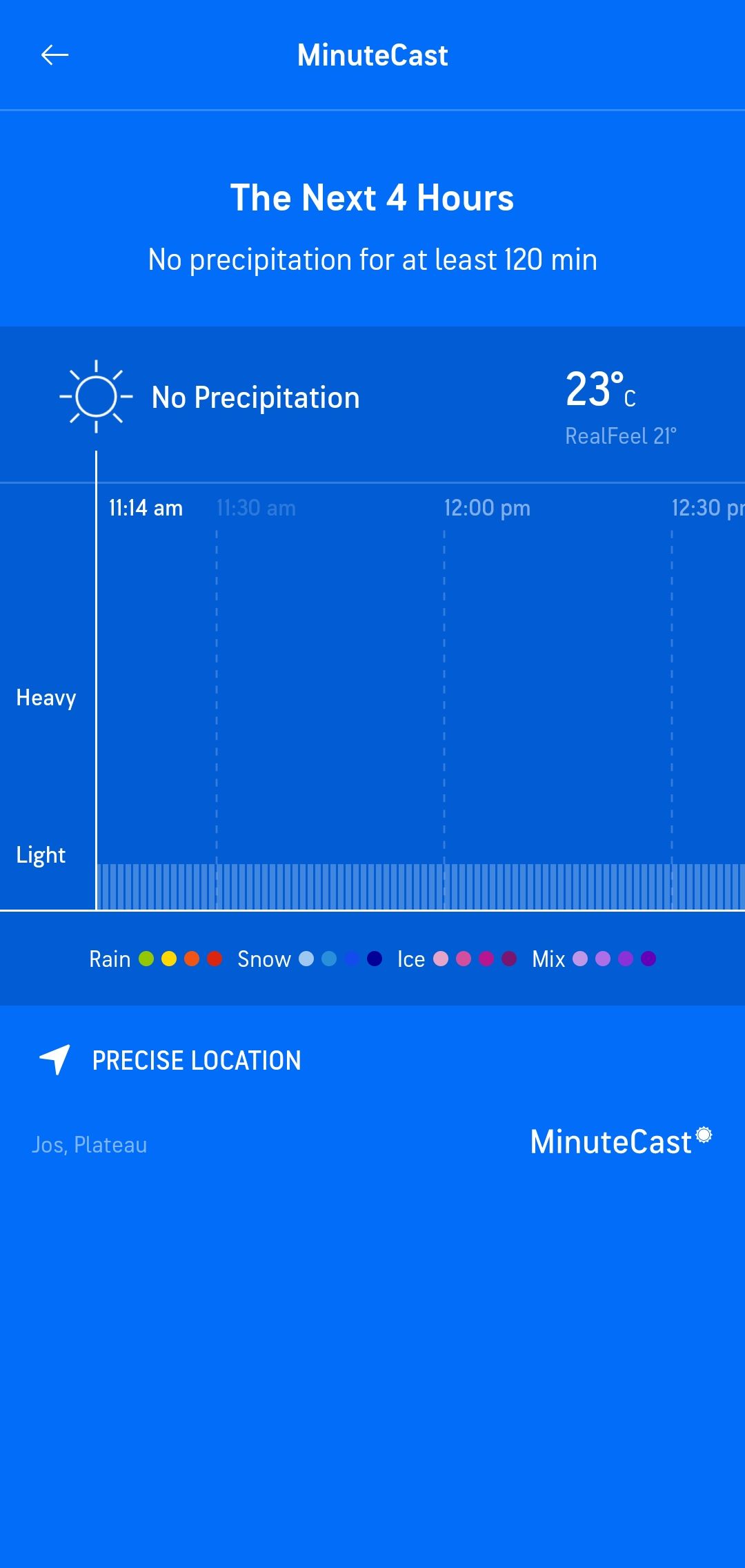 يعرض AccuWeather MinuteCast الساعات الأربع القادمة.