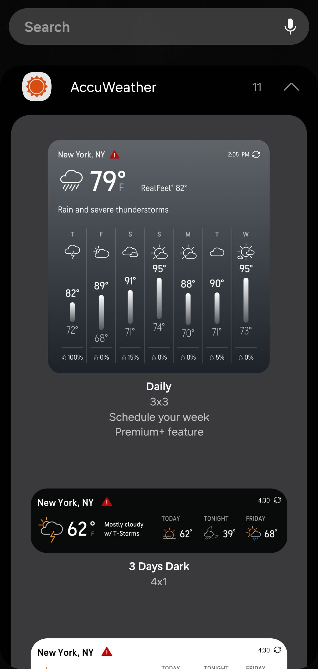 تشتمل خيارات عناصر واجهة مستخدم AccuWeather على عنصر واجهة مستخدم أكبر وأصغر.