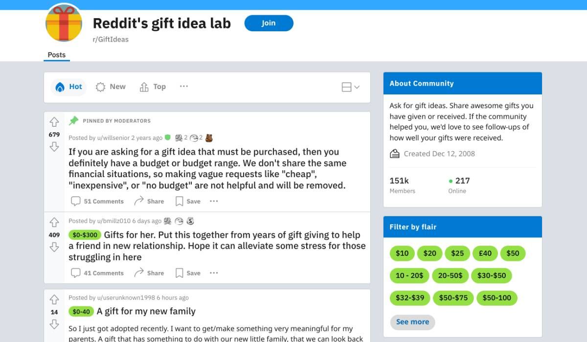 R/GiftIdeas ، أو Reddit's Gift Ideas Lab ، هو مكان يمكن لأي شخص أن يطلبه توصيات هدية من أناس حقيقيين ، من أجل أناس حقيقيين