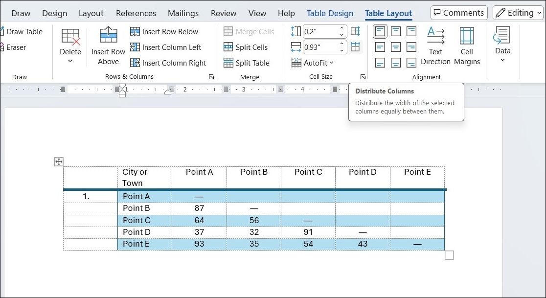 خيار توزيع الأعمدة في Microsoft Word