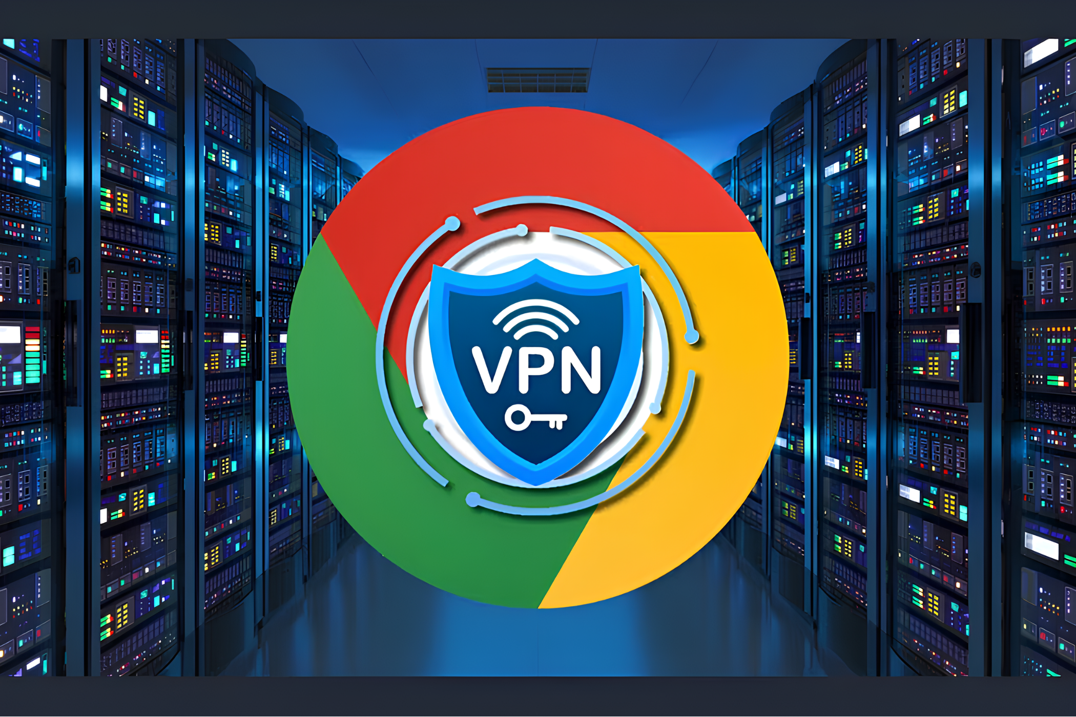 شعار متصفح Google Chrome مع شارة VPN في غرفة الخادم