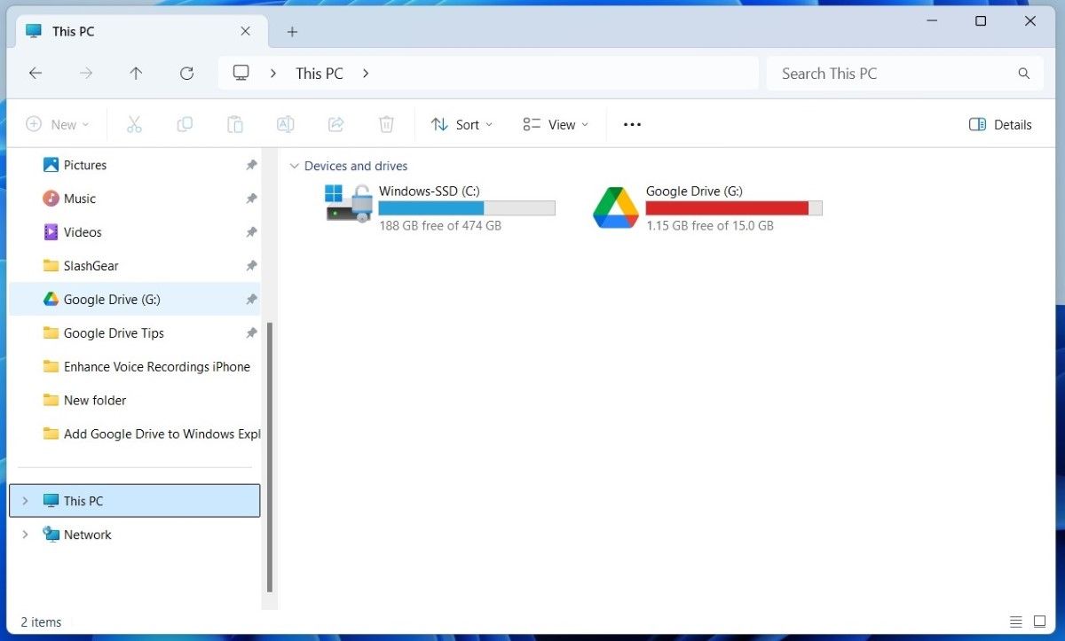 Google Drive في مستكشف ملفات Windows 11