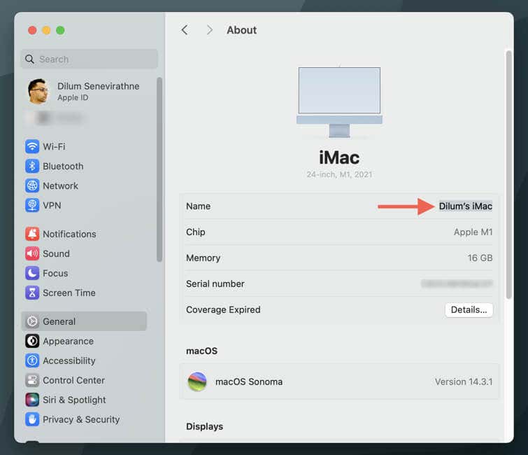 تغيير اسم جهاز Mac عبر إعدادات النظام لنظام التشغيل macOS.