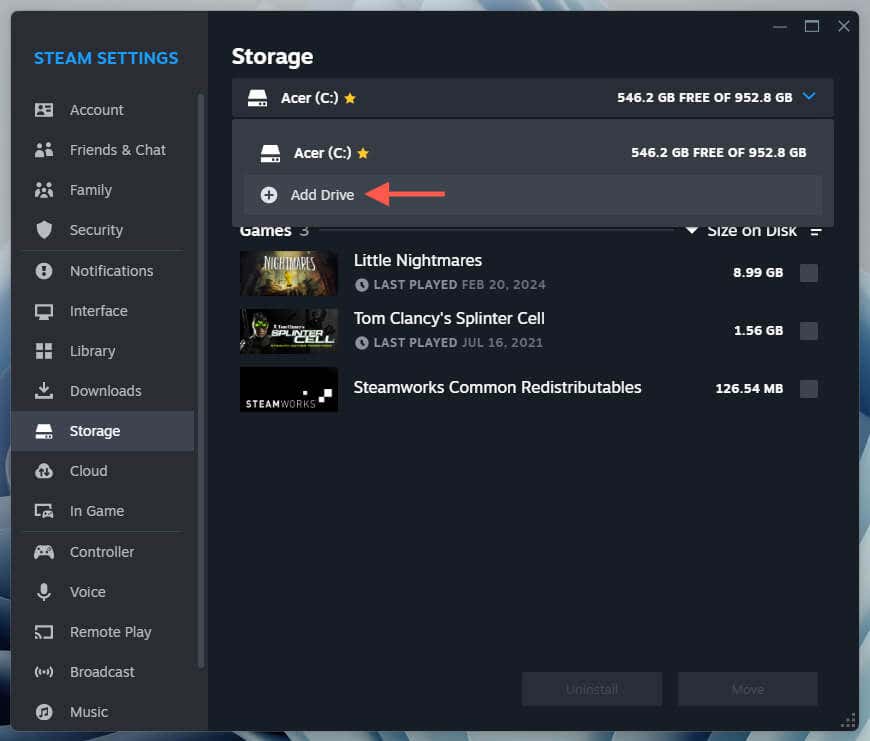 تم تمييز خيار إضافة Drive في شاشة تخزين إعدادات Steam.