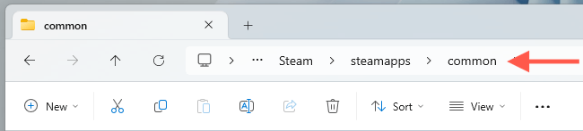 تم تمييز مجلد تثبيت ألعاب الفيديو Steam في File Explorer.