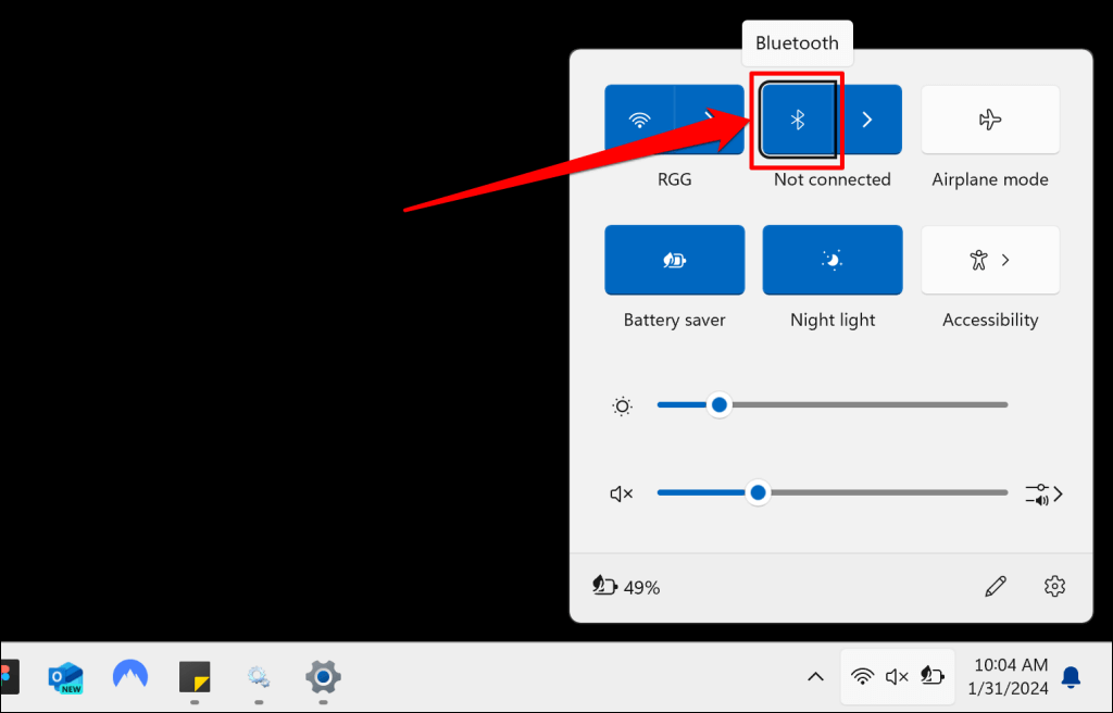 رمز Bluetooth في مركز عمل Windows