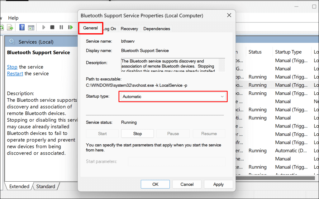 خطوات تغيير نوع بدء تشغيل خدمات دعم Bluetooth