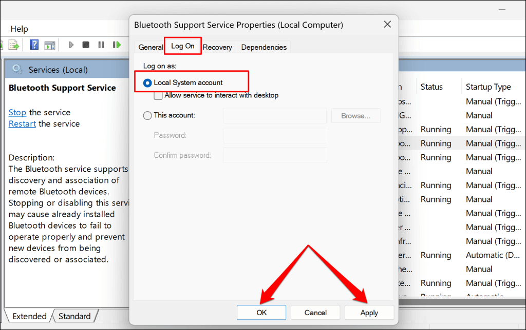 خطوات تغيير نوع بدء تشغيل خدمات دعم Bluetooth