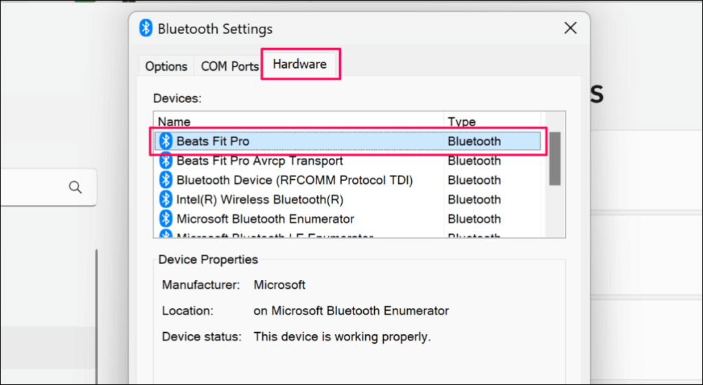 علامة التبويب "الأجهزة" في إعدادات Windows Bluetooth 