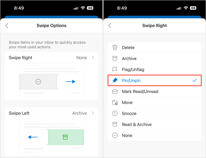 تثبيت/إلغاء تثبيت إجراء السحب في Outlook على الهاتف المحمول