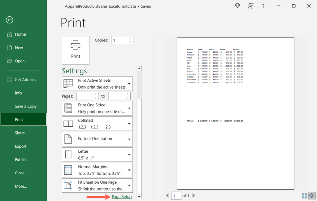 إعداد الصفحة أسفل إعدادات الطباعة في Excel على نظام التشغيل Windows