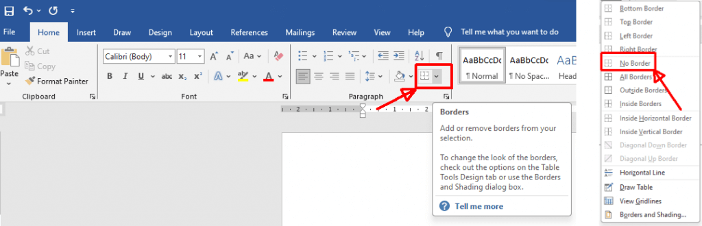 إزالة حدود الفقرة في Microsoft Word.