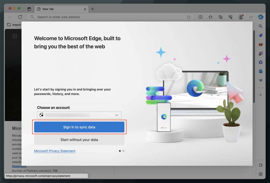 قم بتسجيل الدخول لمزامنة زر البيانات على Microsoft Edge