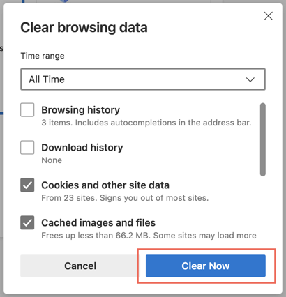 ال "امسح الآن" تم تمييز الزر في مربع حوار مسح بيانات التصفح في Microsoft Edge. إلغاء تثبيت وإعادة تثبيت Microsoft Edge على نظام Mac
