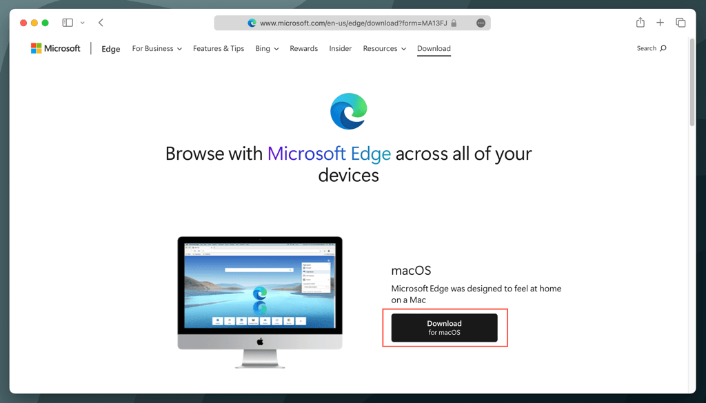 تم تمييز الزر "Downlaod for macOS" في صفحة تنزيل Microsoft Edge.