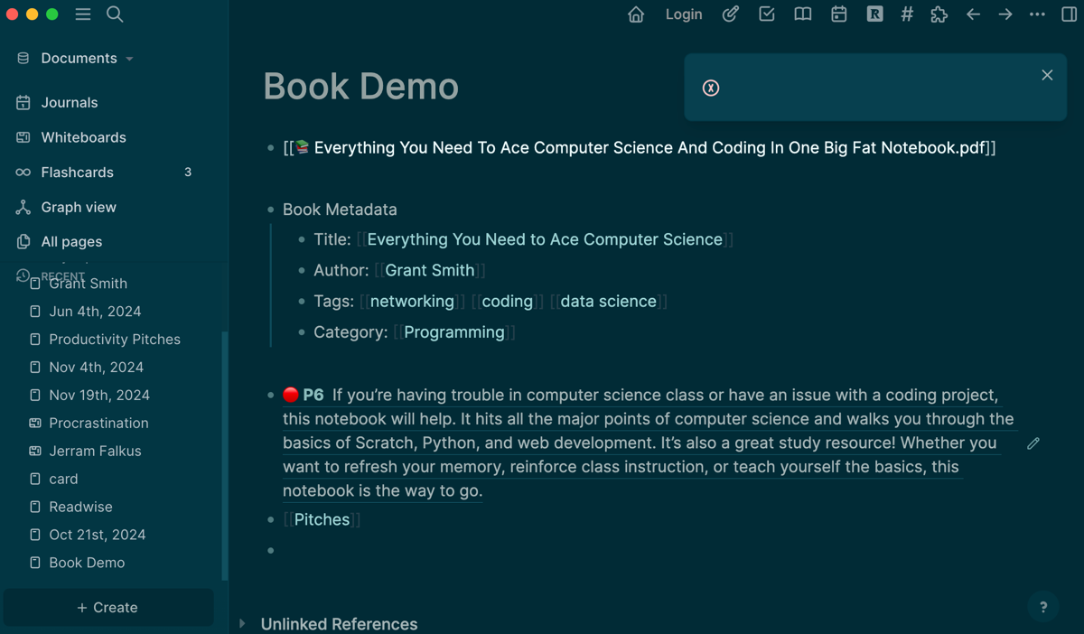 ميزة الربط ثنائي الاتجاه في Logseq