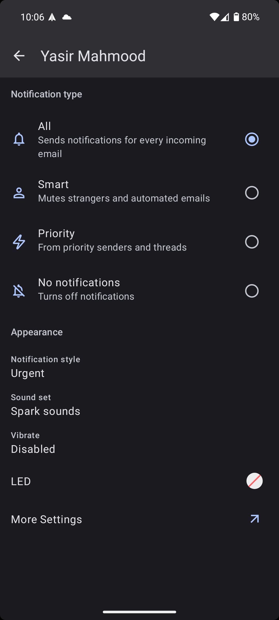 إعدادات الإشعارات في تطبيق Spark Mail Android