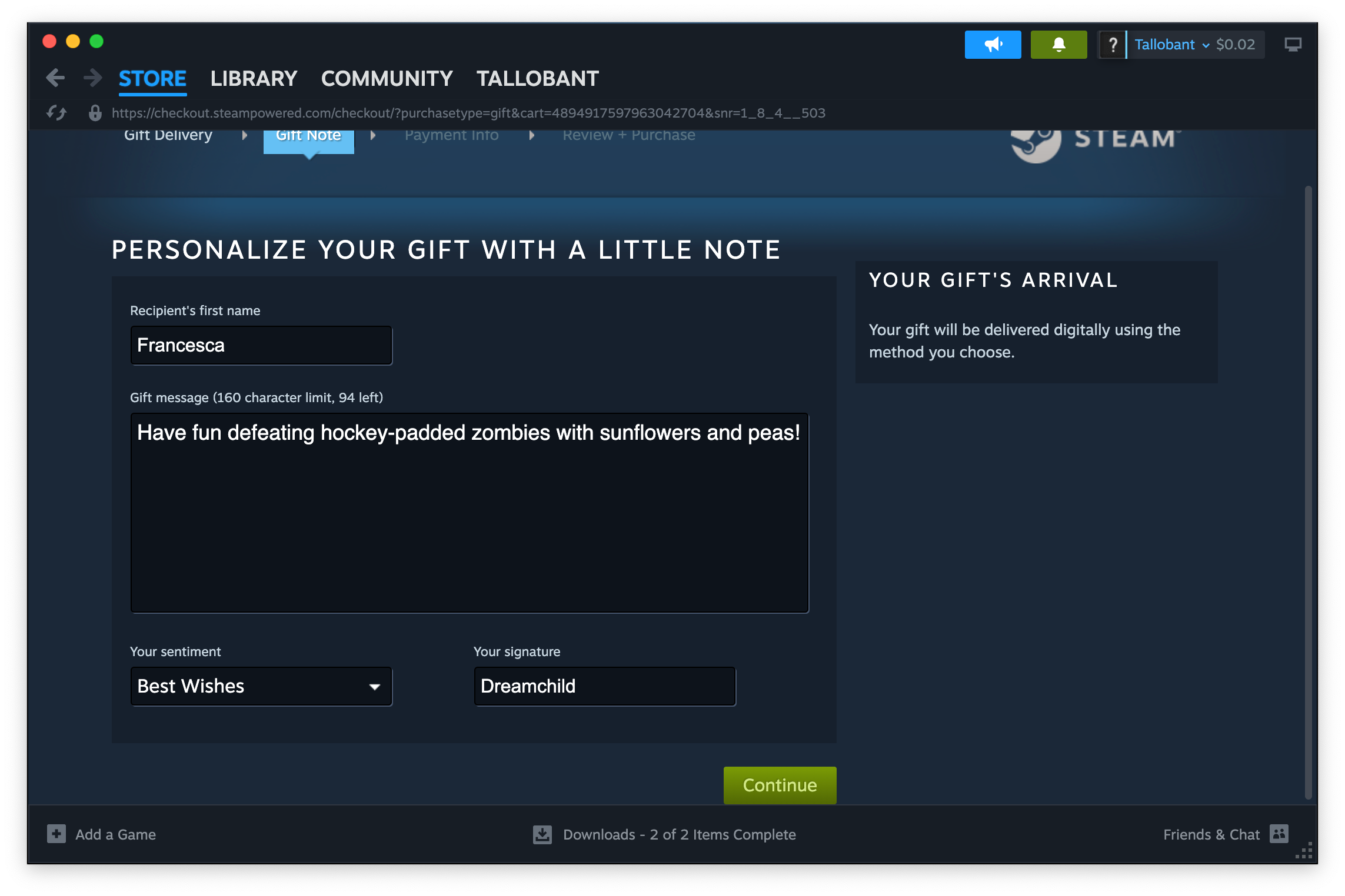 ترك ملاحظة أثناء الإهداء على Steam