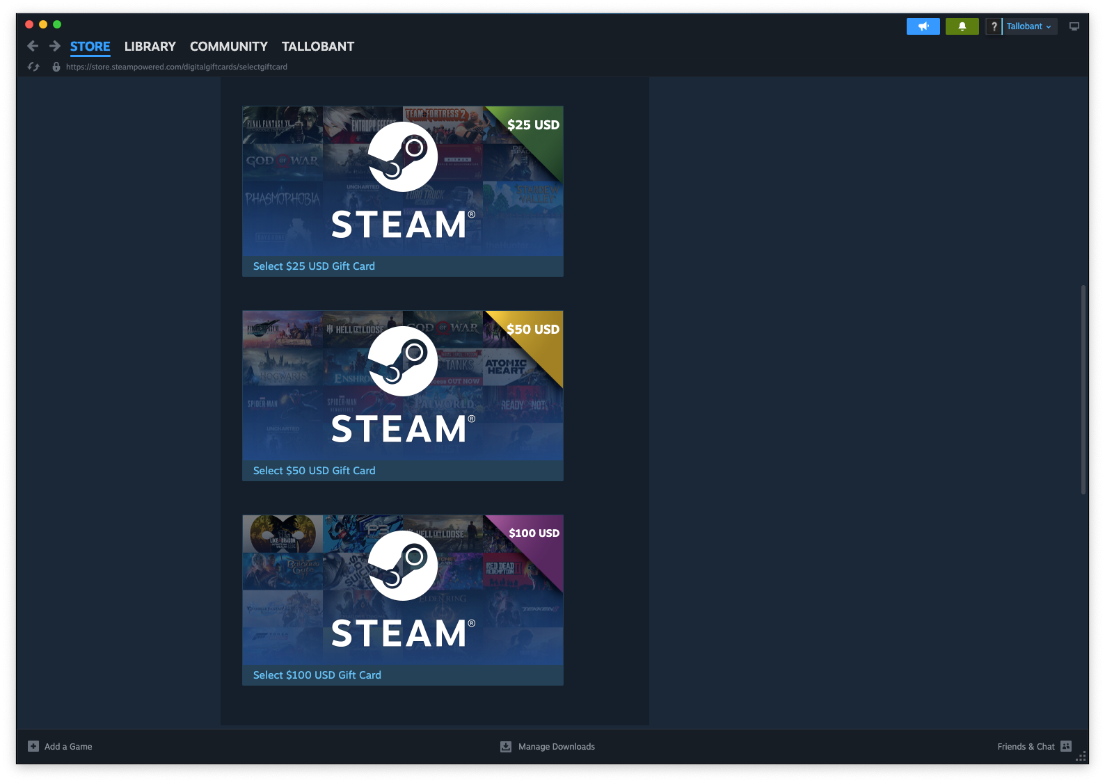 قائمة بطاقات هدايا Steam على Steam