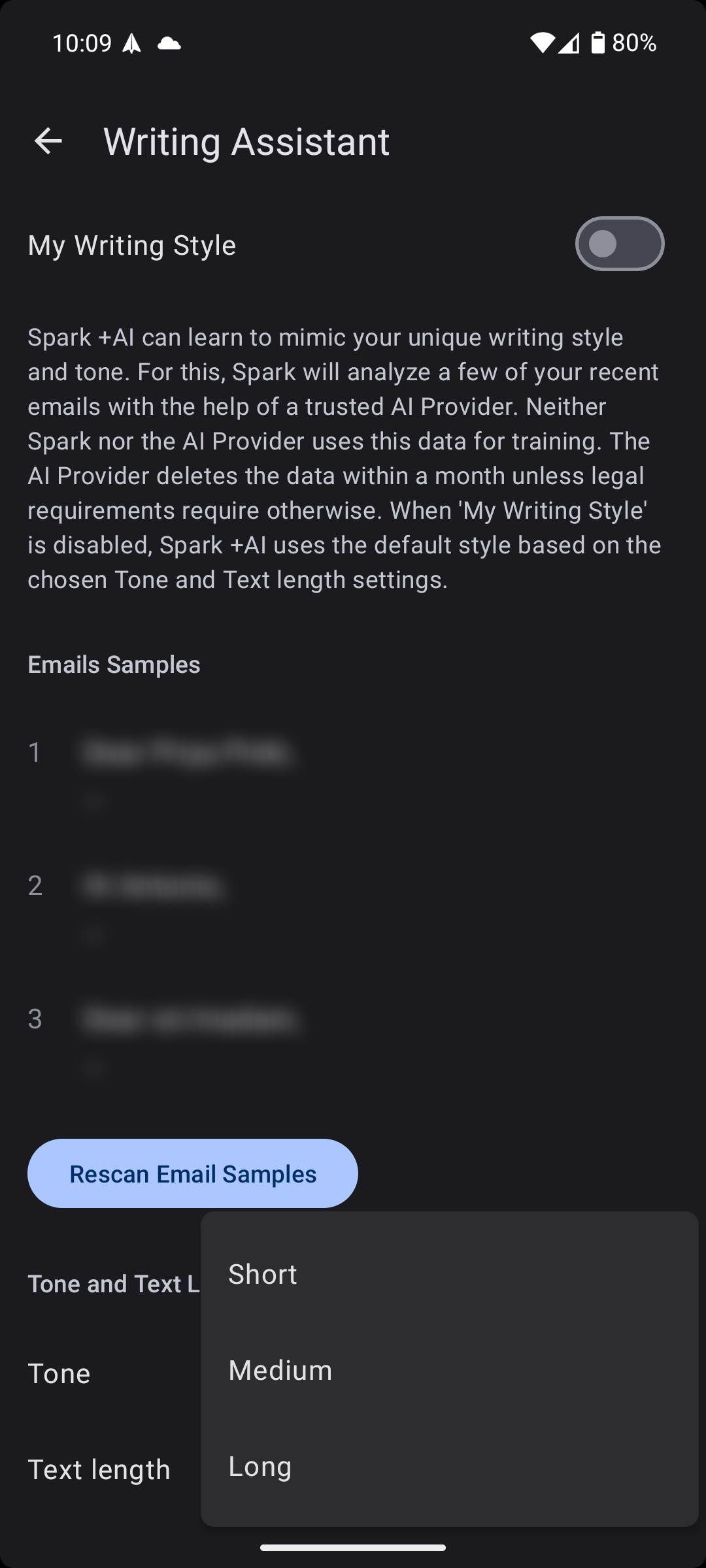 طول نص مساعد كتابة Spark Mail