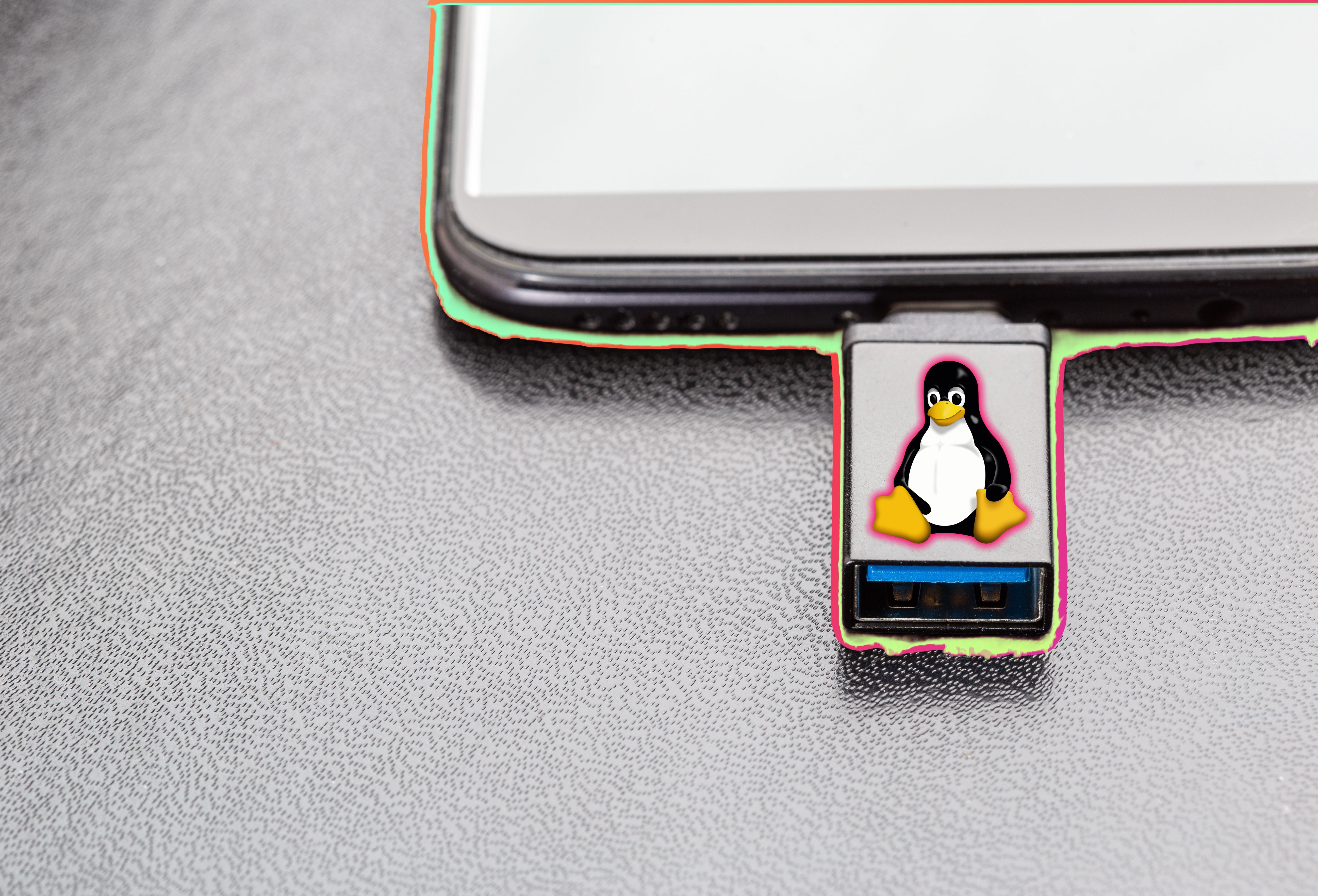 تم إدخال شعار Tux Linux Penguin على محرك أقراص USB في الكمبيوتر المحمول