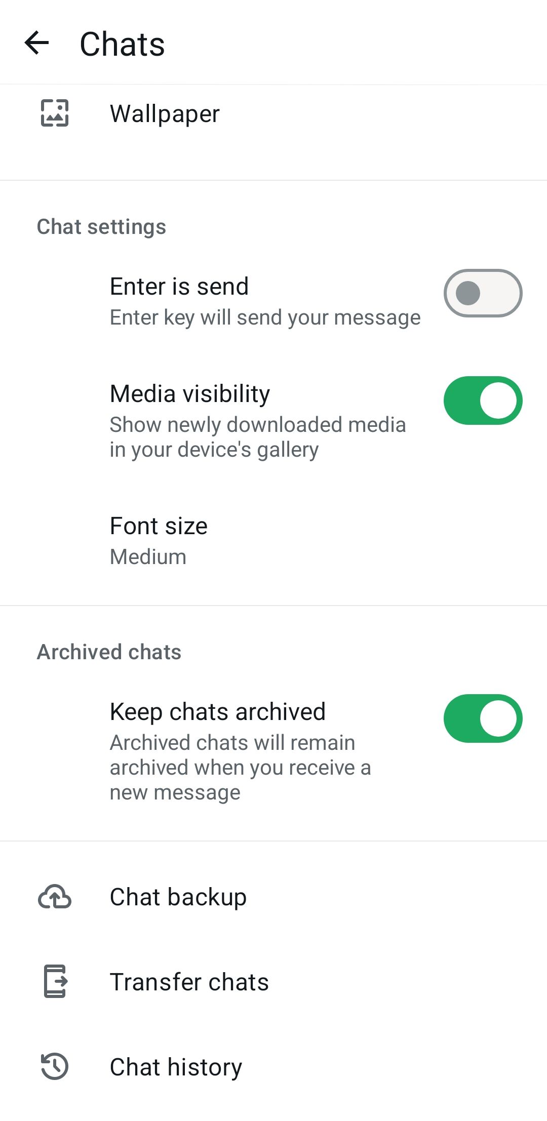 قائمة إعدادات دردشة WhatsApp على Android