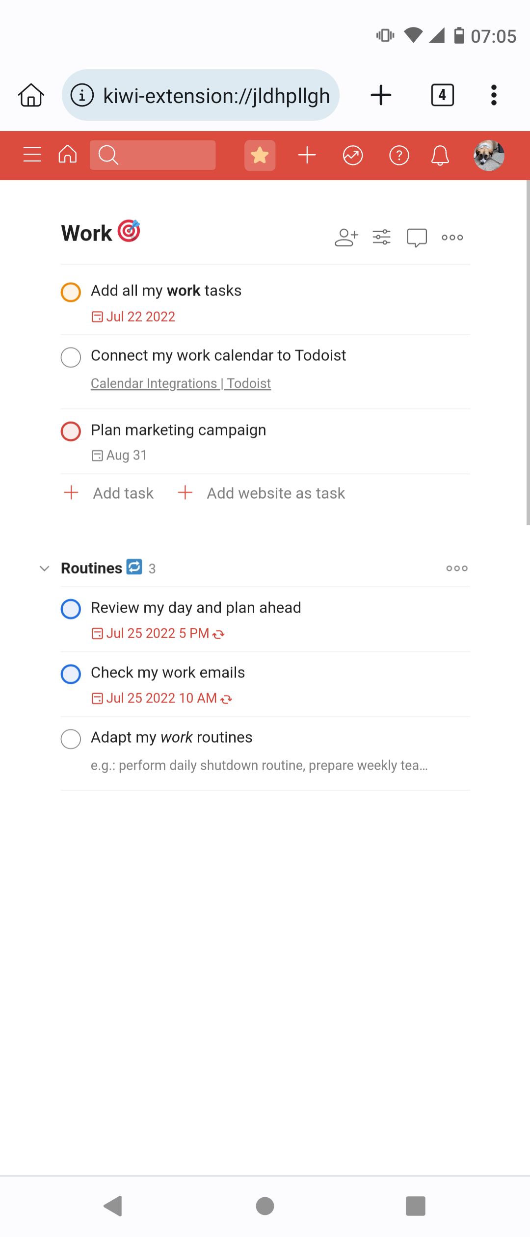 جدول العمل على امتداد Todoist Chrome لنظام Android