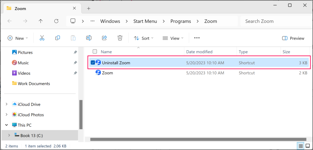 تطبيق "إلغاء تثبيت Zoom" في مستكشف ملفات Windows