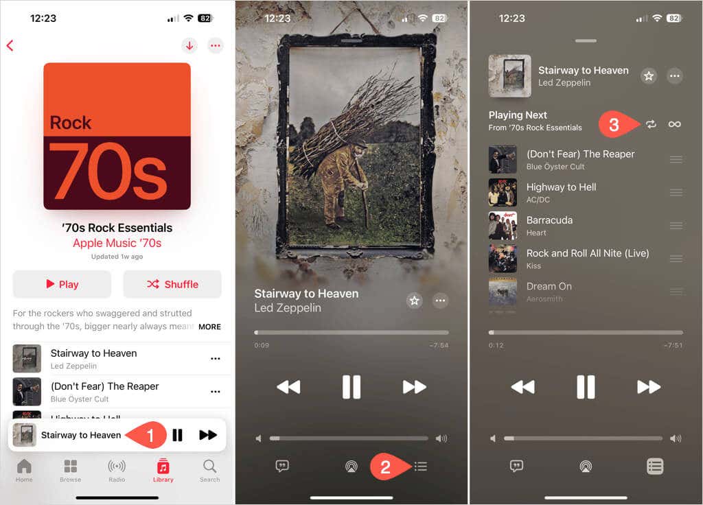 شريط التشغيل الآن وثلاث نقاط وزر التكرار في Apple Music على iPhone