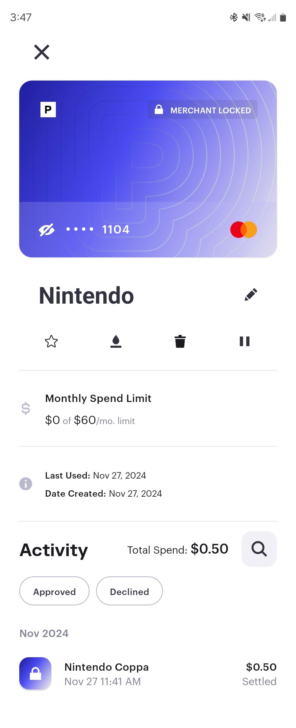 بطاقة مؤقتة لـ Nintendo تم إنشاؤها مع تطبيق الخصوصية على Android.