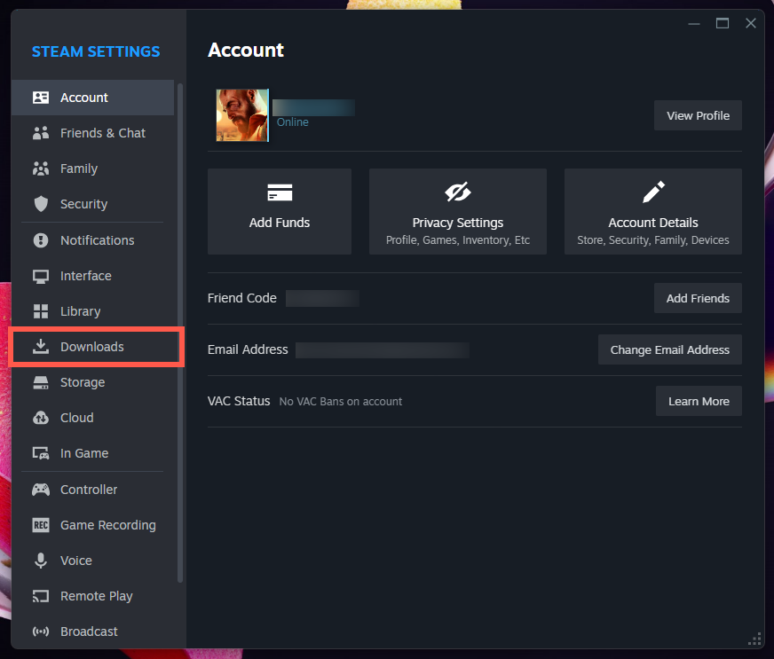 خيار التنزيلات Higlighted في مربع الحوار STEAM Settings.