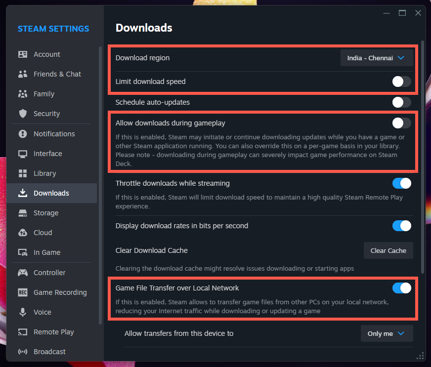 إعدادات تنزيل متعددة مميزة في مربع حوار STEAM Settings.