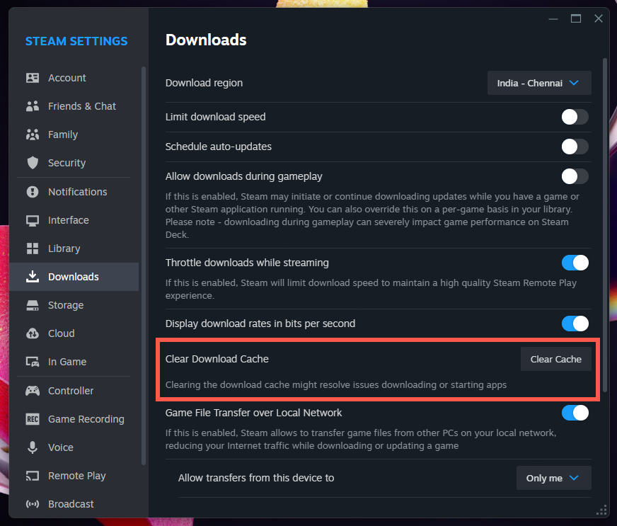 تم تمييز خيار Clear Download Cache في إعدادات Steam.