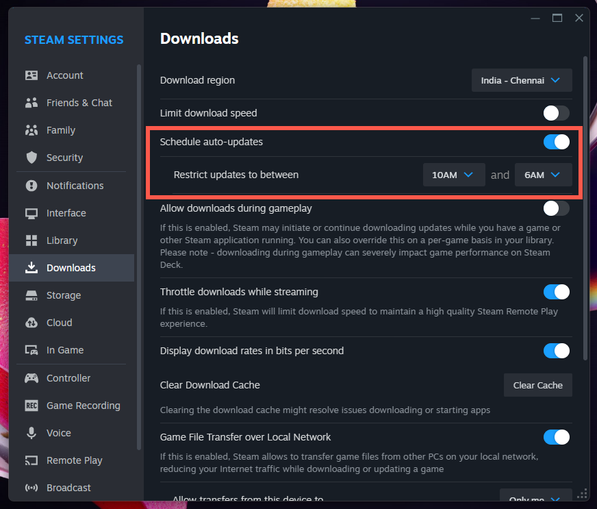 تم تمييز خيار الجدول التلقائي للإنجازات التلقائية ضمن إعدادات Steam.