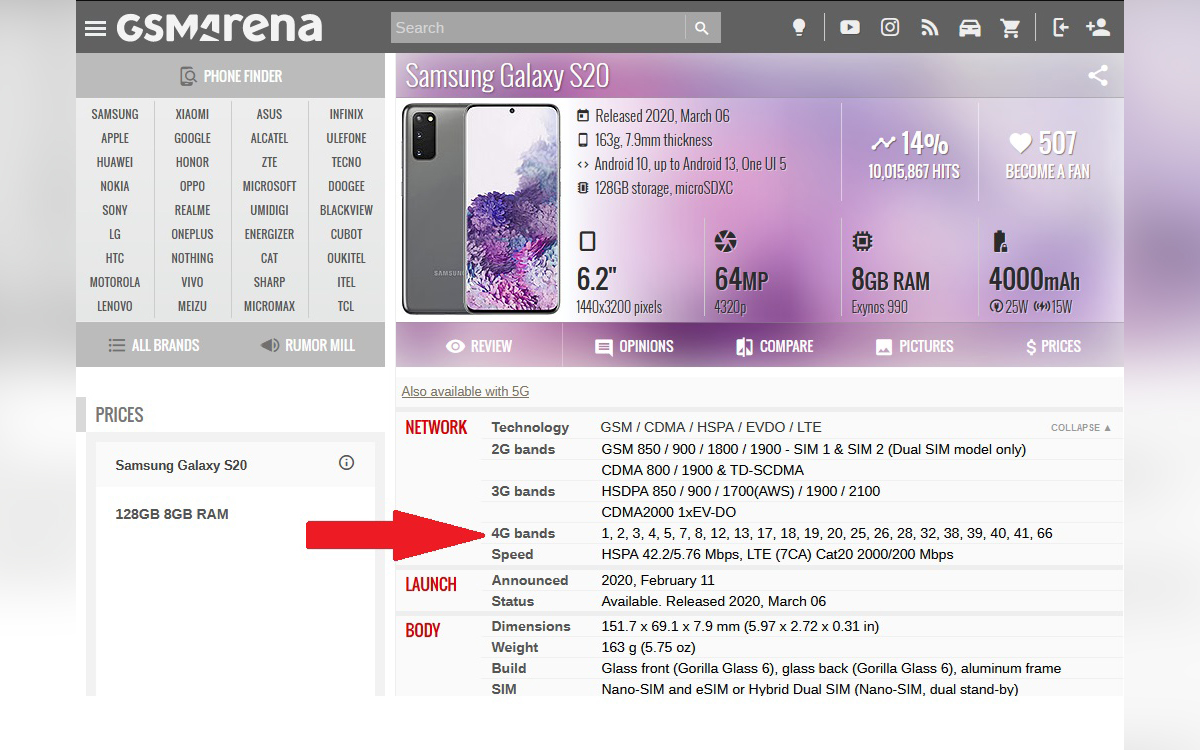 Galaxy S20 Gsmarena