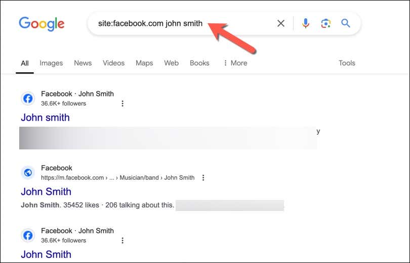 بحث Google الذي يعرض موقعًا: ابحث عن المستخدمين على موقع Facebook
