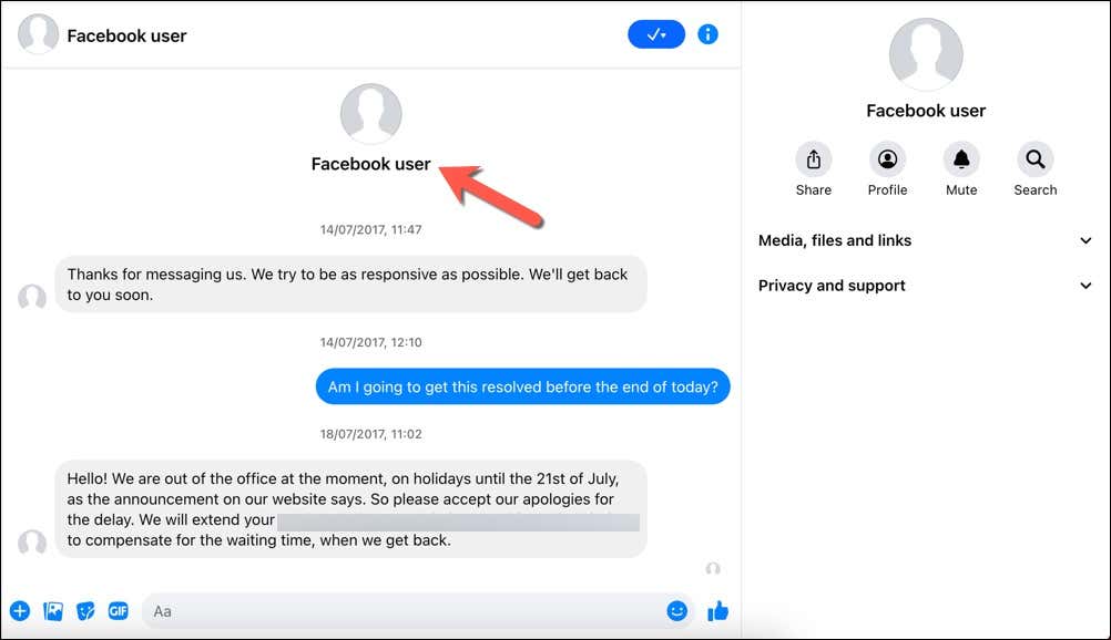 مؤشر ترابط رسائل Messenger على Facebook ، يوضح مستخدمًا قام بإلغاء تنشيطه أو حظره منذ ذلك الحين.