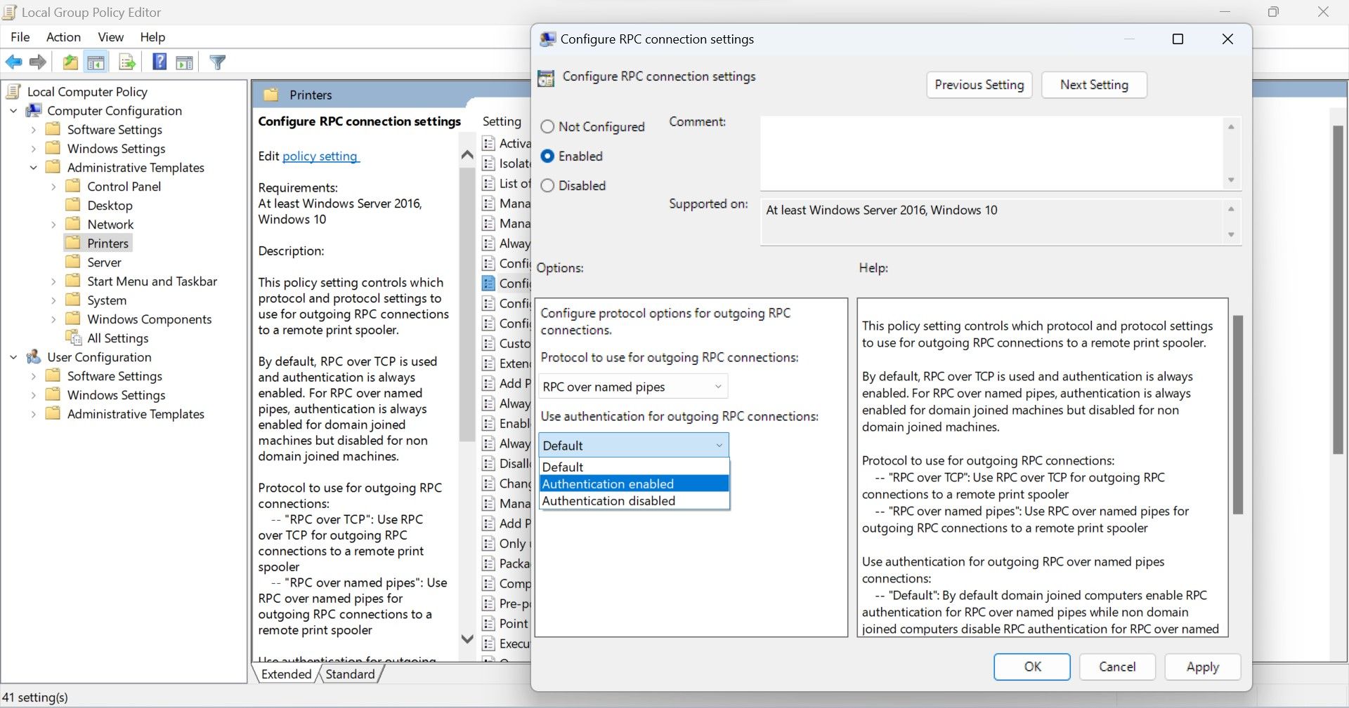   تمكين المصادقة من مصادقة استخدام لقائمة القائمة المنسدلة لاتصالات RPC الصادرة في تطبيق محرر سياسة مجموعة Windows Group