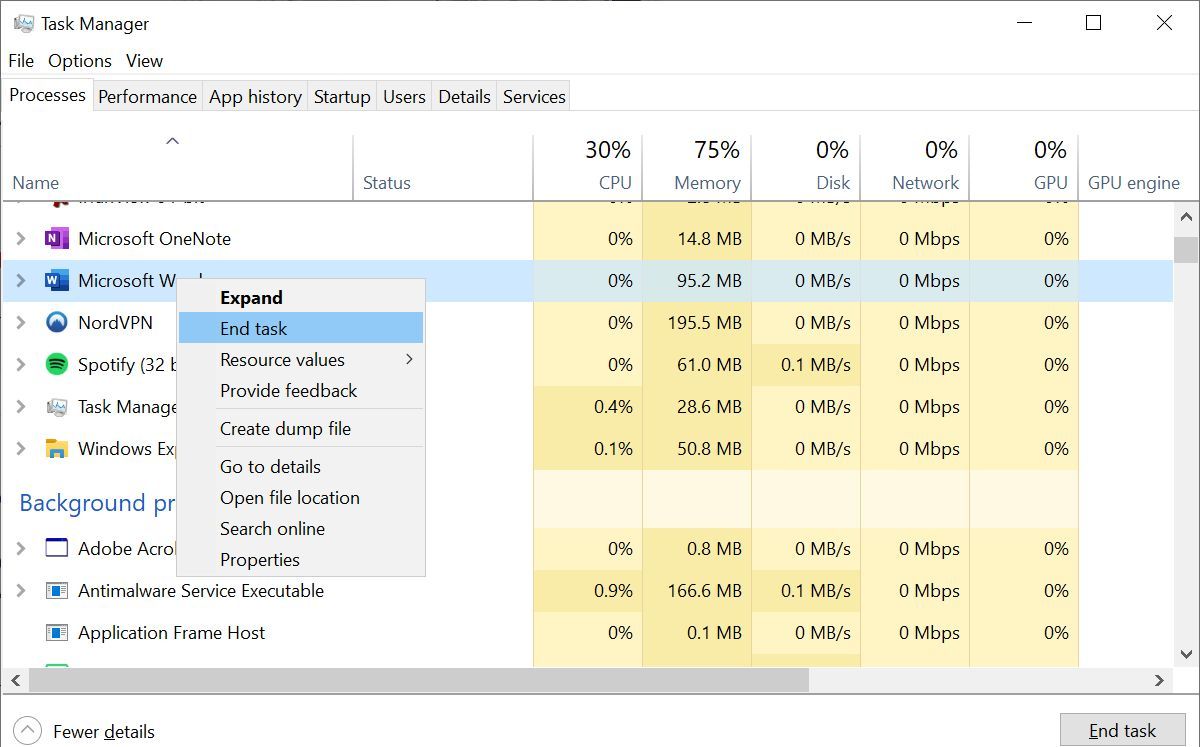 نهاية المهمة في Windows 10 Task Manager.