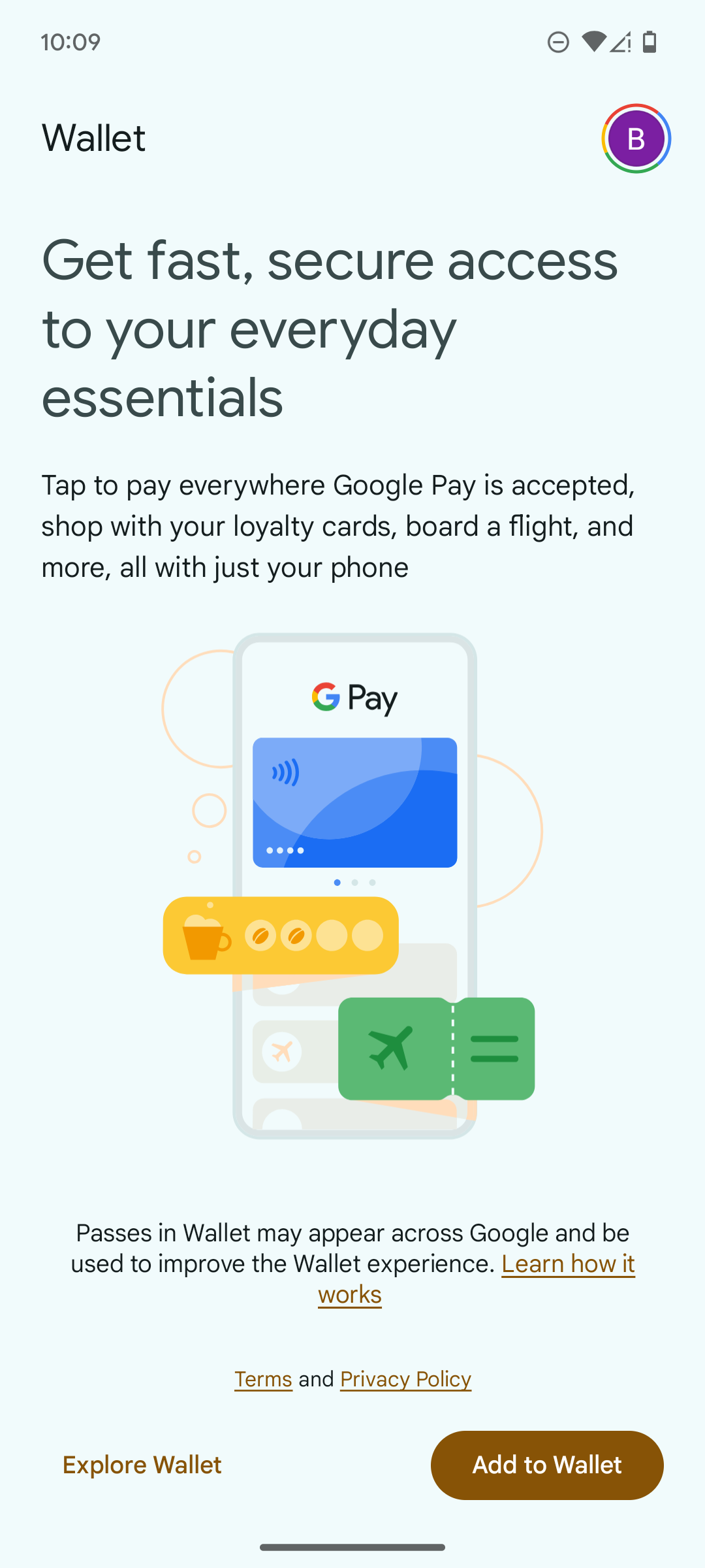 صفحة إطلاق في تطبيق Google Wallet Android.