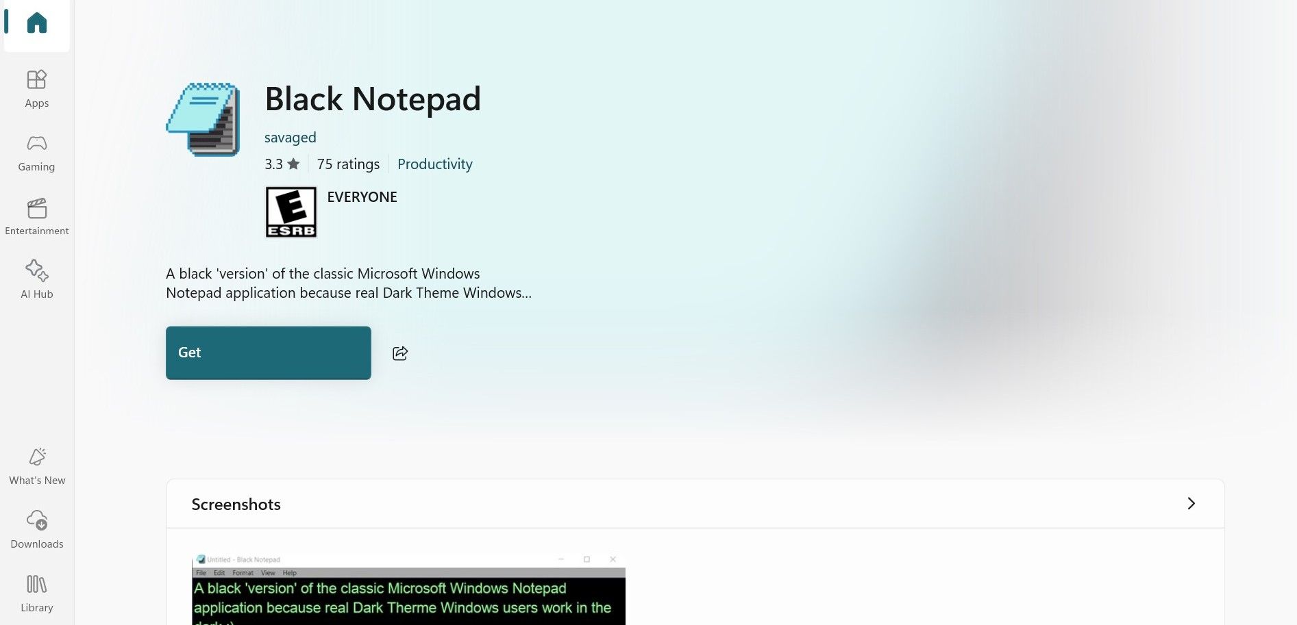 لقطة شاشة تعرض تطبيق Black Notepad في متجر Microsoft