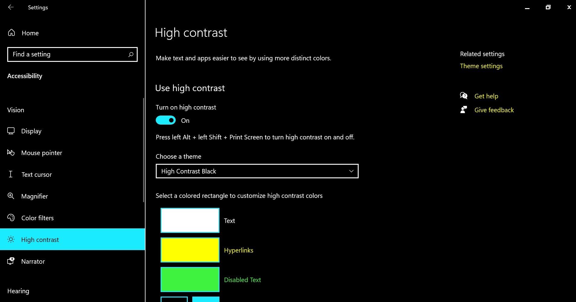 لقطة شاشة توضح ميزة التباين العالية في تطبيق إعدادات Windows