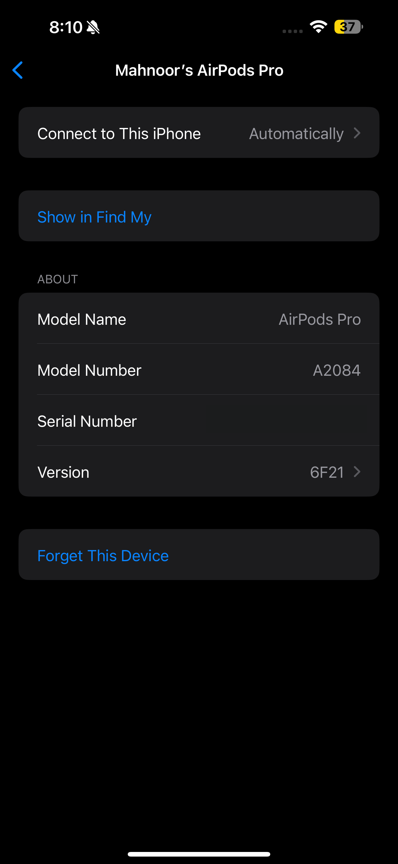 إعدادات AirPods Pro التي تعرض اسم الطراز ورقم الطراز والرقم التسلسلي