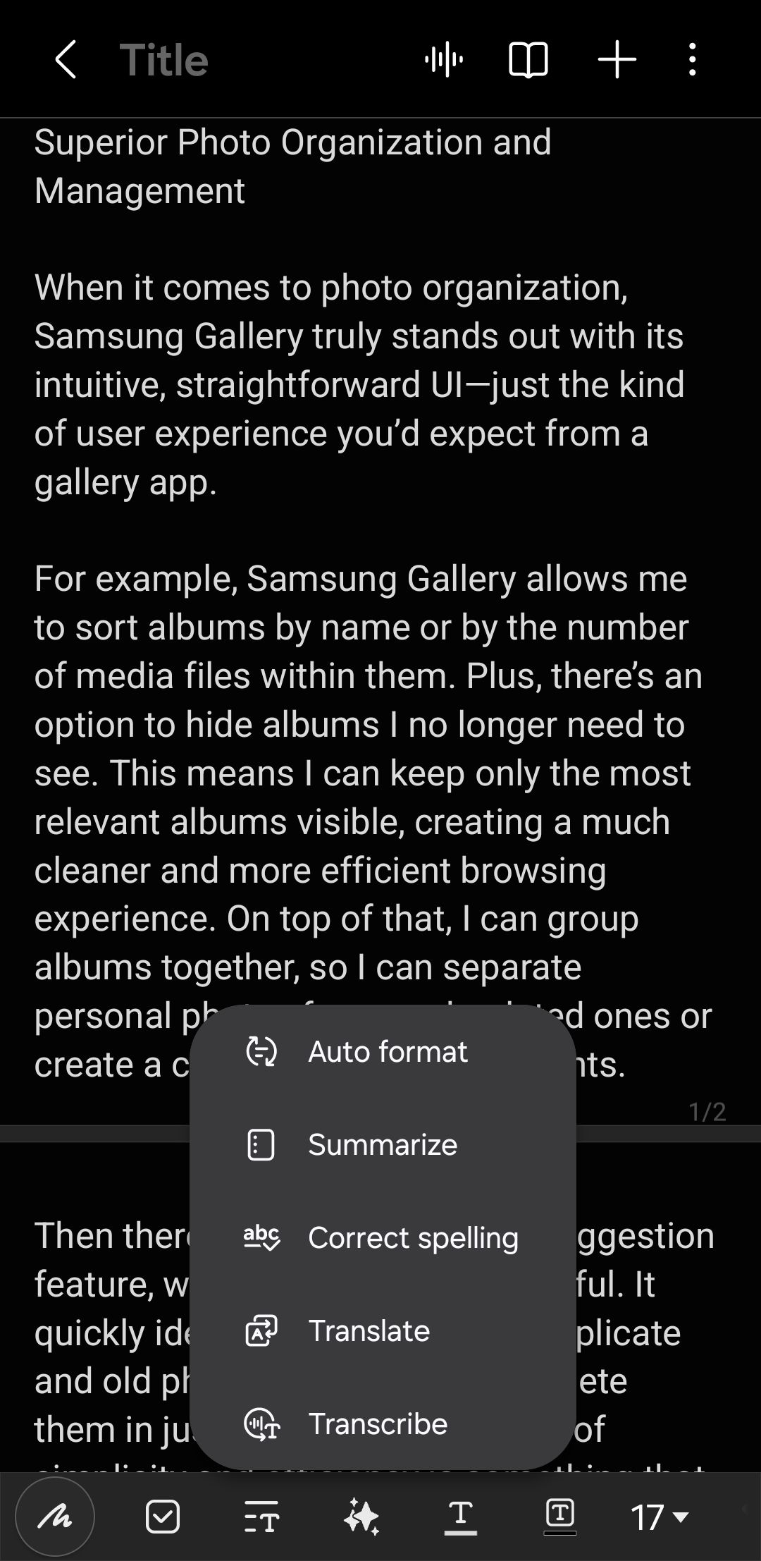 خيار تنسيق السيارات في تطبيق Samsung Notes