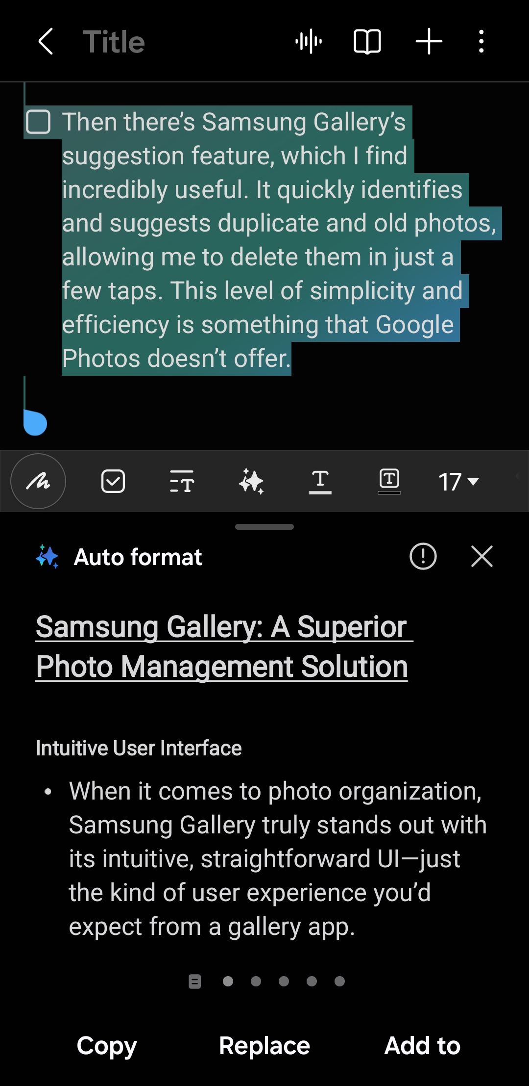 ميزة التنسيق التلقائي في تطبيق Samsung Notes